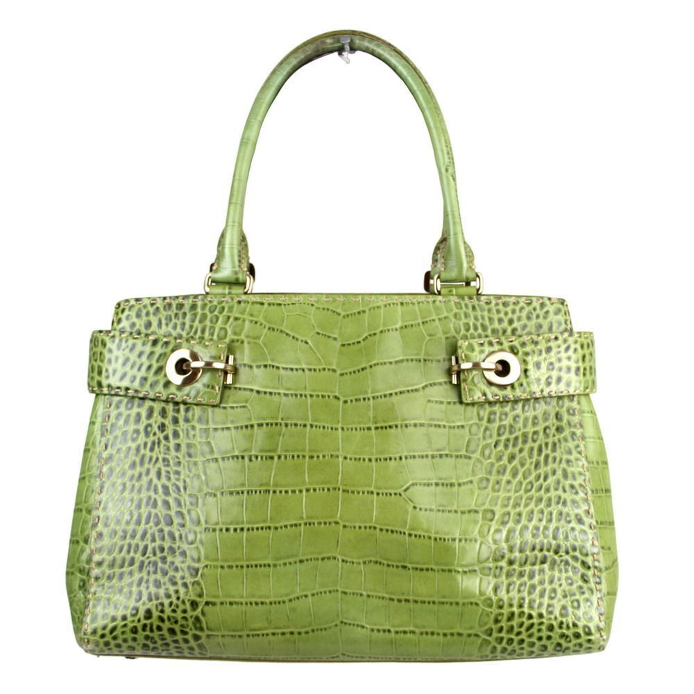 LARGE Ann Taylor GREEN GENUINE LEATHER CROCO PRINT TOTE SHOULDER BAG HANDBAG